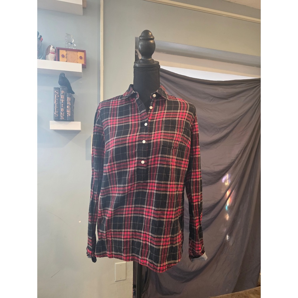 Tommy Hilfiger Red Black Plaid Flannel Popover Shirt Tunic Preppy Grunge L